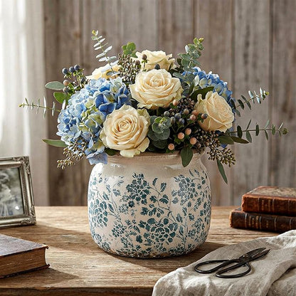 7.7" Large Ceramic Plant Pot Beige Green Vintage Peony Crackle Glaze Rustic Flowers Pot Decorative Planter with Drainage for Indoor Outdoor Plants Home Kitchen Office Decor Gift