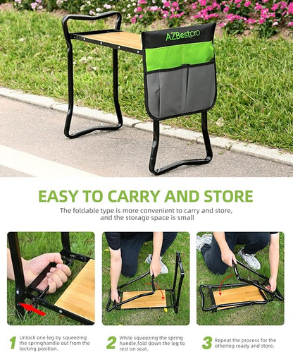 Bamboo Garden Kneeler and Seat Heavy Duty, Upgrade Gardening Bench and 2-inch Thick Kneeling Pad 1 Larger Tool Bags, Gardening Gift for Women Men, for Gardeners