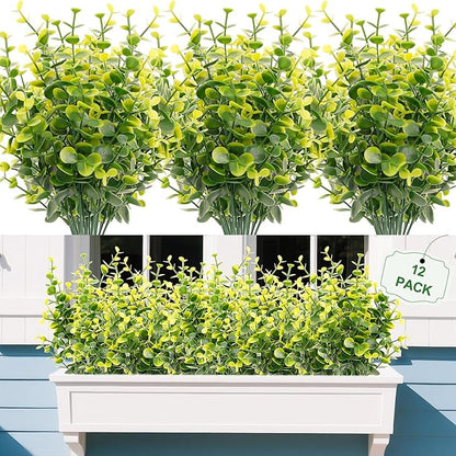 FGSAEOR 12 Bundles Artificial Eucalyptus Plant, Fake Boxwood Shrubs UV Resistant No Fade Faux Greenery for Home Garden Hanging Planter Indoor Porch Patio Office Wedding Decoration