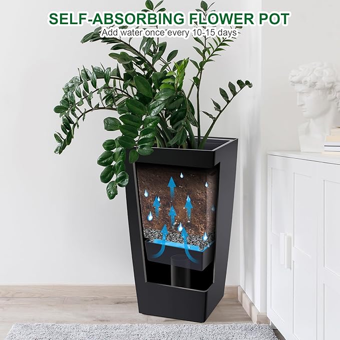 GarveeLife 30 in Tall Planters Set of 2, Outdoor＆Indoor Black Planter Pots, High Front Porch Planter Pots With Drainage Holes＆Water Level Monitor Movable Wheels ＆Inner Bucket, Automatic Watering,Black