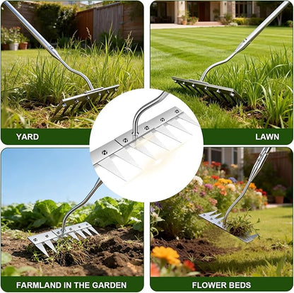 Weeding Rake Heavy Duty w 45’’ Ergonomic Curved Handle, 2026 Upgraded 8 Teeth Stainless Steel Weed Puller Tool w Weeding Blade, Cultivator Rake Gardening Tools for Yard, Flower Beds & Loosening Soil