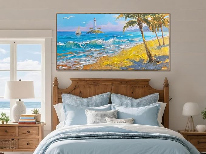 Brushart Beach Nautical Wall Art for Living Room Large Coastal Bedroom Pictures Paintings Wall Decor Ocean Textured Artwork for Dining Room Walls Home Office, Framed 48"x24"