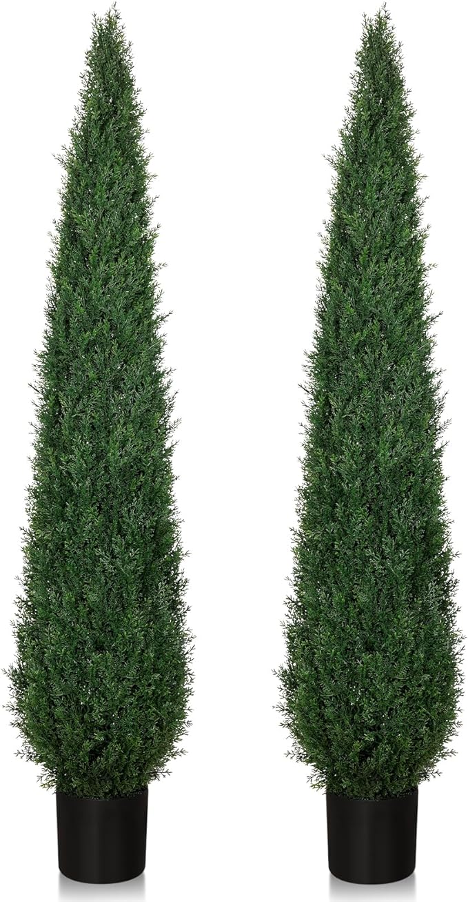 Artificial Cedar Trees for Outdoors 6 ft Faux Cypress Topiary - Tall and Large, Heavy Duty, UV Resistant and Realistic Fake Pine Shrubs Bushes for Patio Yard Balcony Garden, Set of 2