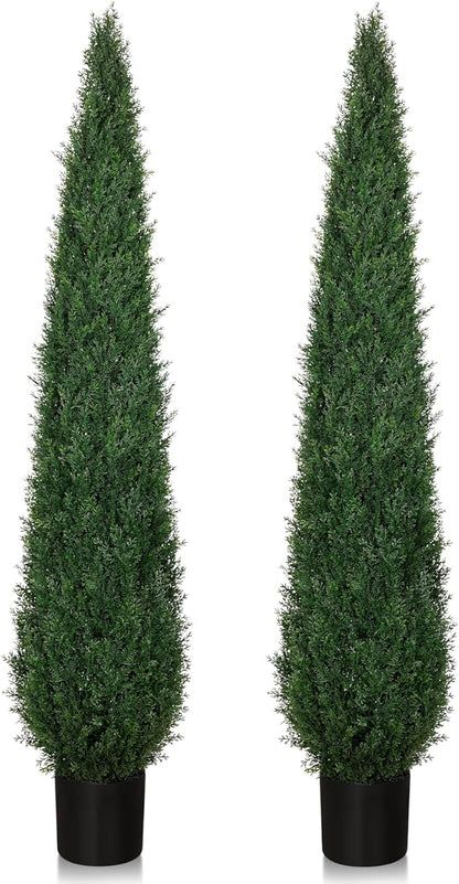 Artificial Cedar Trees for Outdoors 6 ft Faux Cypress Topiary - Tall and Large, Heavy Duty, UV Resistant and Realistic Fake Pine Shrubs Bushes for Patio Yard Balcony Garden, Set of 2