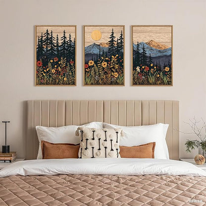 HOURIA Mid Century Woodland Mountain Framed Canvas Wall Art Set,Vintage Natural Sunset Wildflower Forest Field Decor,Wilderness Boho Floral Pine Tree Landscape Artwork for Living Room,Office-16"x24"x3