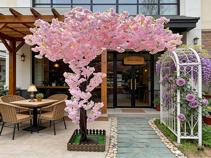 Artificial Cherry Blossom Tree 8.2Ft, Pink Silk Flowers with Solid Wood Trunk for Home & Garden Decor