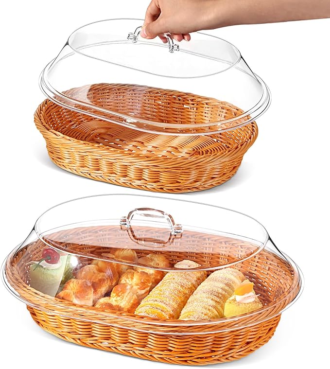 Hushee 2 Set Imitation Rattan Bread Basket with Lid Wicker Bread Baskets for Serving Woven Fruit Basket with Cover Oval Food Baskets for Food Vegetables Display(13.78 x 9.84 Inch, 15.75 x 11.81 Inch)