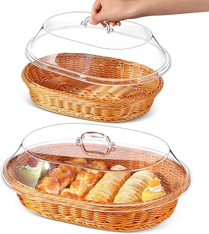 Hushee 2 Set Imitation Rattan Bread Basket with Lid Wicker Bread Baskets for Serving Woven Fruit Basket with Cover Oval Food Baskets for Food Vegetables Display(13.78 x 9.84 Inch, 15.75 x 11.81 Inch)