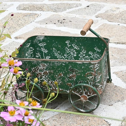 Flower Cart with Wooden Handles, Metal Wagon Planters for Outdoor Plants, Garden Planter with Wagon Wheels, Decorative Wheelbarrow, Plant Cart for Patio Garden Balcony (Green)