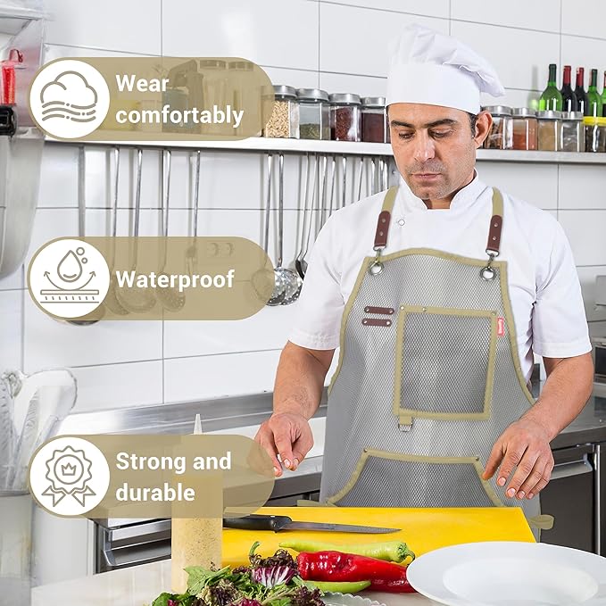 Waterproof Work Apron for Chefs, Hair Stylists, Artists, Gardeners, Adjustable, Multi-Pockets, TPU Mesh Fabric, Plus Size