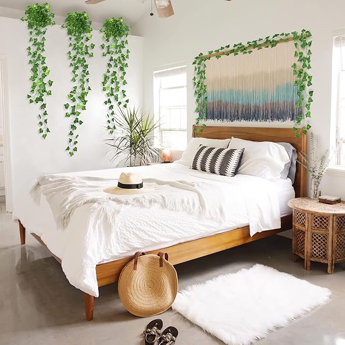 CQURE 48 Pcs 336Ft Artificial Ivy Fake Vines,Ivy Garland Greenery Garland Fake Hanging Plants Vines Green Leaves for Bedroom Wedding Garden Wall Room Decor
