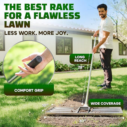 Oris Garden® Lawn Leveling Rake 30 inch - Ground Leveler for yard, sand, soil, grass - Dirt leveling tool, heavy duty stainless steel rakes for golf, grading, gravel, pool seeding, levelling (30 inch)