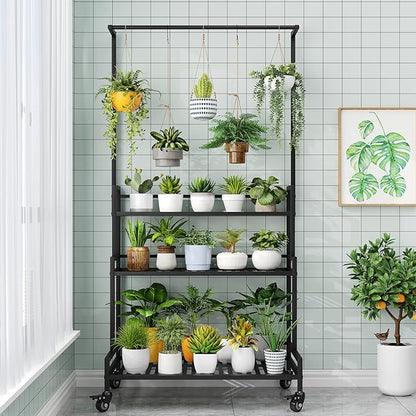 YIZAJIA Plant Stand Indoor 3 Tier Metal Outdoor Tiered Stands Shelf With wheel for Multiple Plants Potted Ladder Plant Holder Table Plant Pot Stand for Window Garden Balcony Living Room (3 Tier-Black with Hanger)