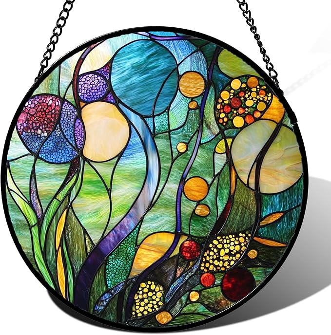Stained Glass Window Hanging Blue Ocean Water Plants Flower Large 11.8" - Suncatcher Door Garden Sun Catcher Home Decor Birthday Christmas for Mom Men Woman Nana Friend