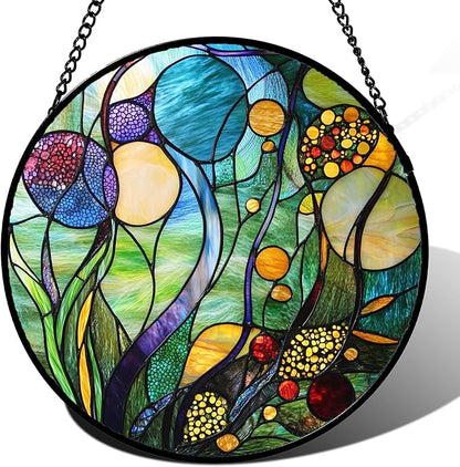 Stained Glass Window Hanging Blue Ocean Water Plants Flower Large 11.8" - Suncatcher Door Garden Sun Catcher Home Decor Birthday Christmas for Mom Men Woman Nana Friend