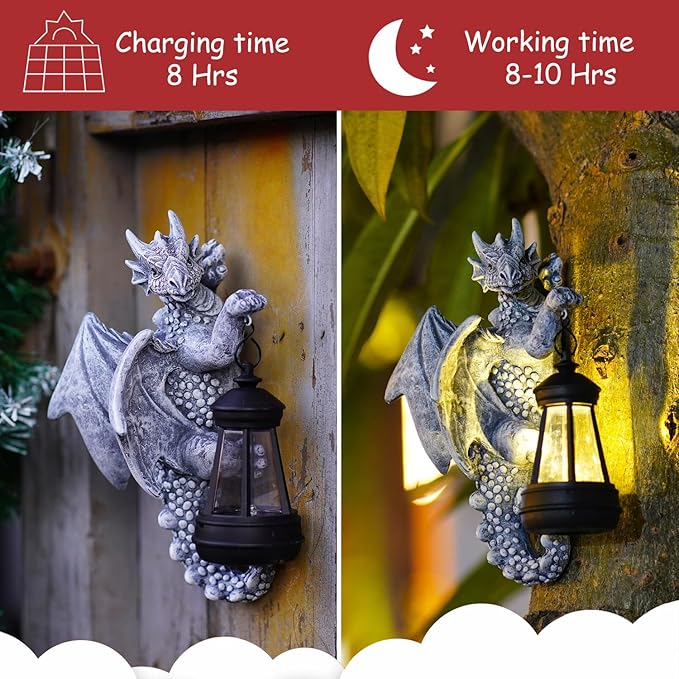 Goodeco Dragon Tree Hugger Solar Lantern Garden Statue - 9.3 Inch Resin Dragon Decor for Outdoor, Perfect Garden Gift & Yard Decor