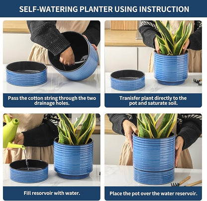 Hasense Large Self Watering Plant Pot, 8 Inch Porcelain Planter with Drainage Hole and Water Storage Plus for Outdoor & Indoor House Plants and Garden, Round Flower Pots for Home or Office Decor, Blue