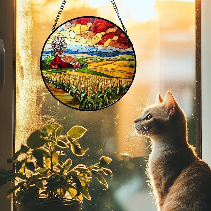 Stained Glass Window Hanging Autumn Farm Corn Harvest Landscape 7.8" - Suncatcher Garden Door Sun Catcher Home Decor Birthday Christmas for Woman Mom Friend Men Nana