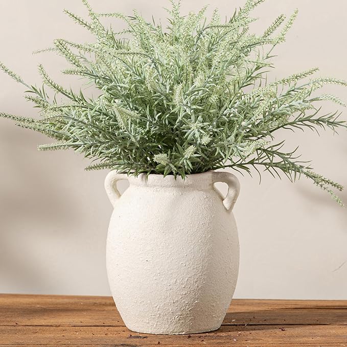 Ceramic Flower Vase 7.6 inch Farmhouse Rustic Vase Decorative Pottery Terracotta Vases for Home Decor Table Mantle Fireplace Living Room Bathroom Wedding Centerpiece (White-Upgraded)