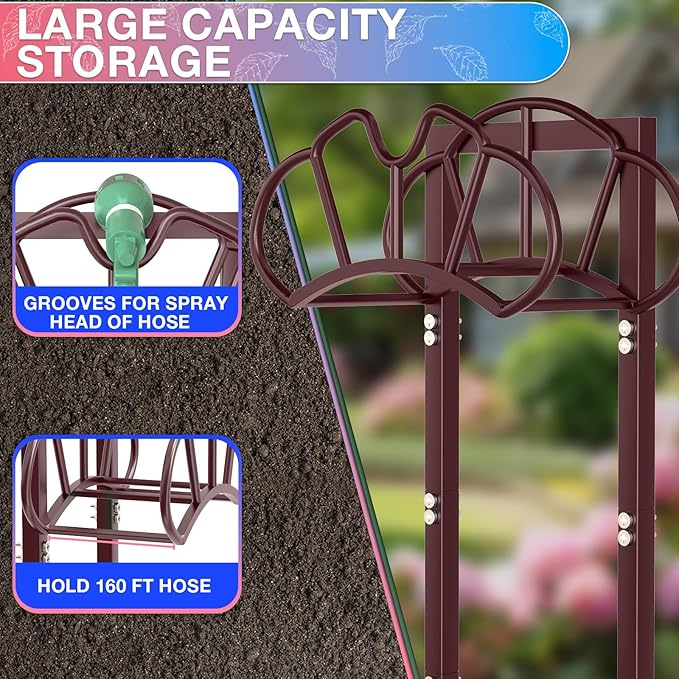 New Garden Hose Holder, Super Stable Water Hose Holders Stand Holds 160-Feet Hose, Detachable Freestanding Hose Storage Hanger Rack for Outside Yard Lawn Farm, Bronze