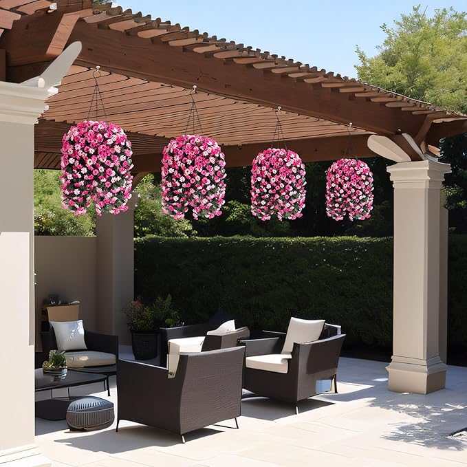 Artificial Flowers in Hanging Basket for Outdoors Indoors Decor, Artificial Mums Bush Flowers Plants with Baskets for Home Porch Garden Yard Patio Spring Summer Decoration(Twin Pink)