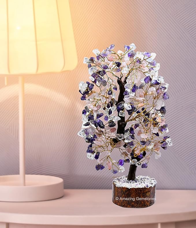 Large Amethyst Rose Quartz Clear Quartz Natural Healing Premium Crystal Bonsai Feng Shui Fortune Money Tree of Life for Home Office Decor Gift Box Ready