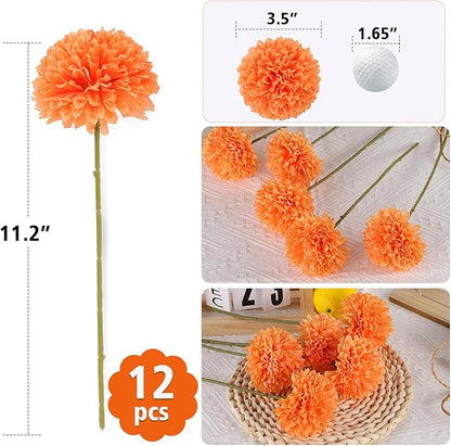 12 Pcs Artificial Chrysanthemums Fall Flowers Silk Orange Marigolds Flowers Fake Mums Flower for Autumn Dia de Los Muertos Diwali Day of The Dead Home Decor (12, Orange)