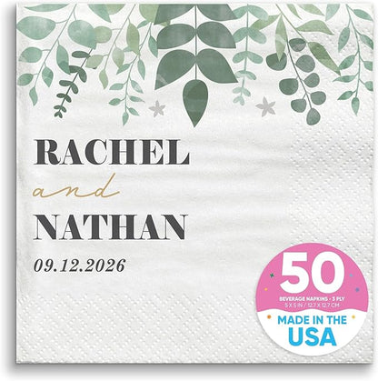 Big Dot of Happiness Personalized Boho Botanical Bride Party Napkins, Custom Greenery Wedding or Bridal Shower Decor, White 3-Ply Paper Beverage Napkins - 50 Count
