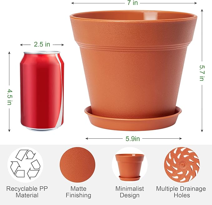 6 Pack Plastic Plant Pots with Drainage Holes and Tray, 7 inch Thickened Indoor Planters Seedlings Nursery Pots for Flowers, African Violet, Succulent and All House Plants, Terracotta