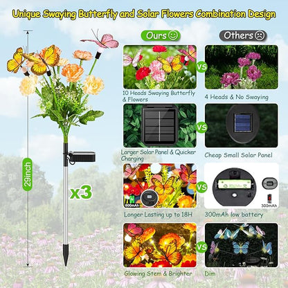 GARPAR Solar Garden Decor, 3 Pack Solar Lights with 9 Butterflies & 21 Blooming Flowers, Solar Flowers Outdoor Waterproof, Garden Lights for Outdoor Decorations