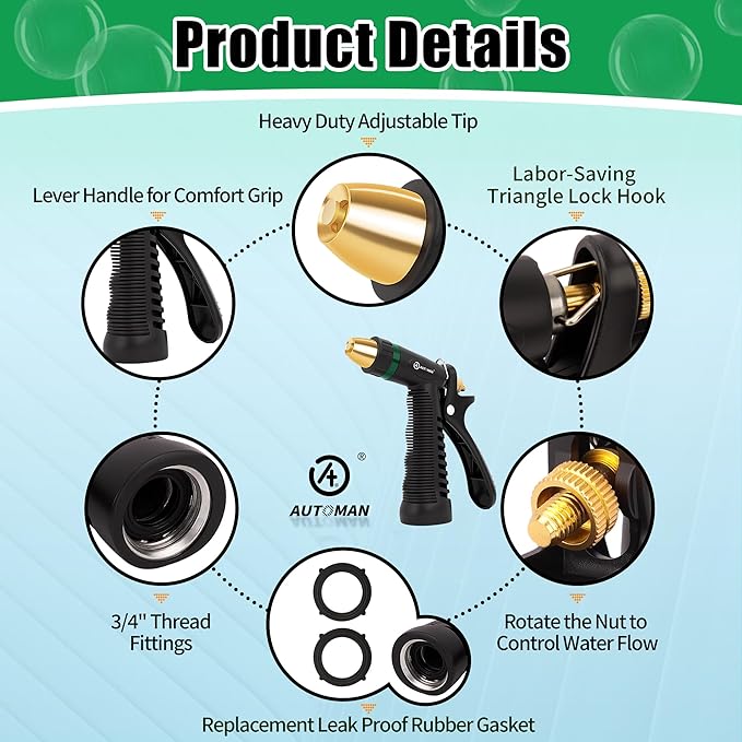 AUTOMAN Garden Hose Nozzle Sprayer, Heavy Duty Water Hose Nozzle, High Pressure Spray Nozzles, Adjustable Nozzle for hose Outddor, Washing Car, Cleaning Ground, Watering Plants