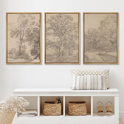 Ashbrook Framed Canvas Print Wall Art Set Retro Vintage Sketchbook Forest Country Landscape Farmhouse Decor Nature Wilderness Illustrations Floral Botanical Retro for Bedroom - 24"x36"x3 NATURAL