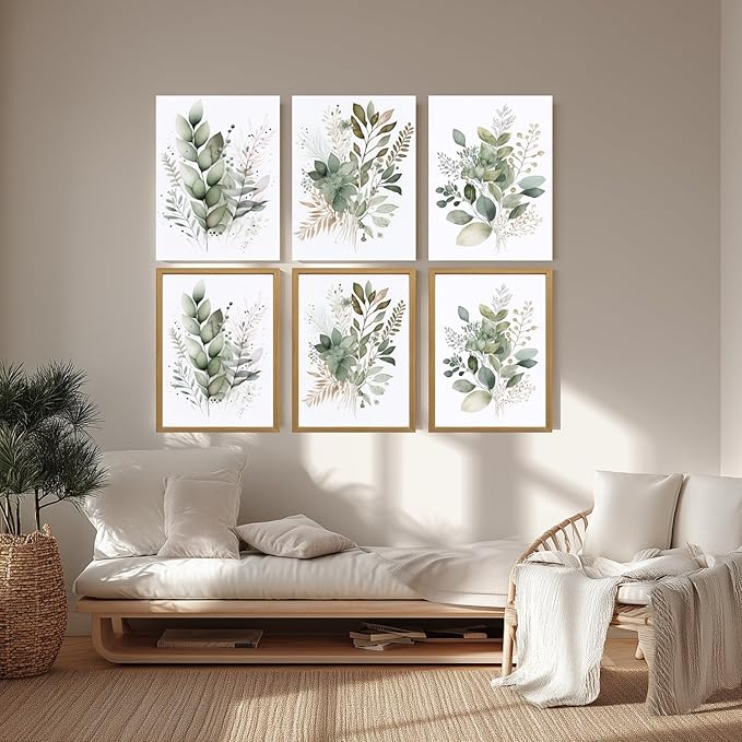 LLEEMPI Sage Green Wall Art Set of 3, Modern Watercolor Botanical Wall Decor, Eucalyptus Leaf Canvas Painting, Classic Minimalist Florals Poster Print for Bedroom Bathroom Office Wood Framed 16x24 Inch