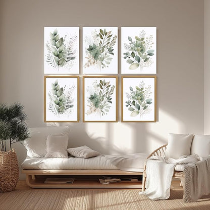 LLEEMPI Sage Green Wall Art Set of 3, Modern Watercolor Botanical Wall Decor, Eucalyptus Leaf Canvas Painting, Classic Minimalist Florals Poster Print for Bedroom Bathroom Office Wood Framed 12x16 Inch