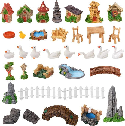 35 Pcs Fairy Garden Accessories Miniatures Garden Kit with Resin Duck, Mushroom House & Bridge Miniature Accessories for Terrarium, Dollhouse & Outdoor Decor