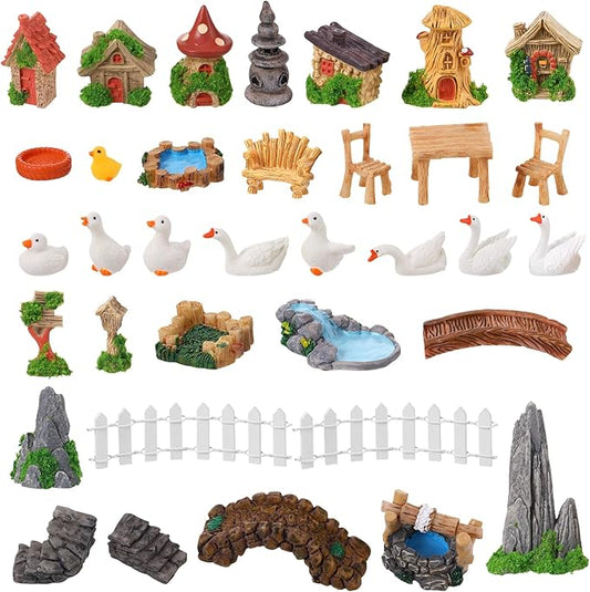 35 Pcs Fairy Garden Accessories Miniatures Garden Kit with Resin Duck, Mushroom House & Bridge Miniature Accessories for Terrarium, Dollhouse & Outdoor Decor