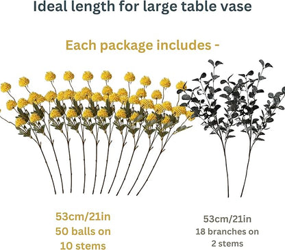 Yellow Flowers Artificial 10 Long Stems Kiku Flower With Eucalyptus, Spring Flowers Decor, Mustard Yellow Decor, Flores Amarillas Artificiales Para Decoracion, Faux Easter Spring Summer Floral Stems