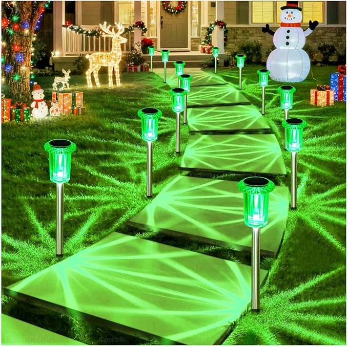 DenicMic Solar Lights Outdoor 10 Pack Green LED Waterproof Yard Garden Patio Backyard Pathway Walkway Landscape Lawn Outside Solar Christmas Lights Outdoor