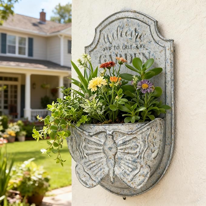 Rustic Metal Wall Planter with Butterfly Design, Welcome to Our Garden Hanging Flower Pot for Outdoor Indoor Decor, Vintage Galvanized Plant Holder for Patio, Porch, Garden