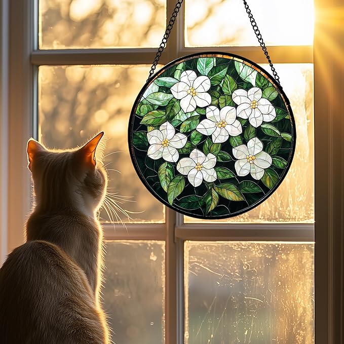Stained Glass Suncatcher, Green Plants White Gardenia Sun Catcher Flower Stain Glass Window Hanging Decoration Mother's Day Birthday Gifts for Women Men Mom Nana 11.8 in