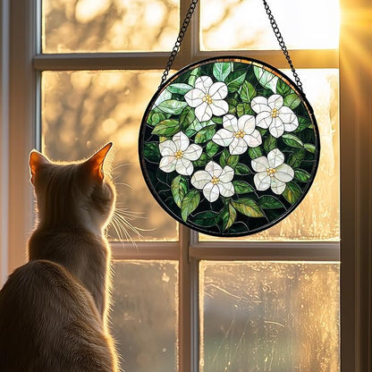 Stained Glass Suncatcher, Green Plants White Gardenia Sun Catcher Flower Stain Glass Window Hanging Decoration Mother's Day Birthday Gifts for Women Men Mom Nana 15 in