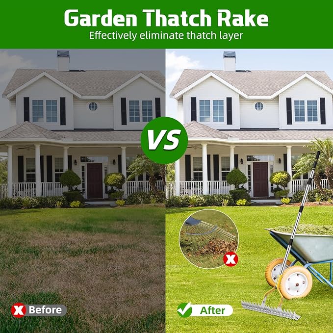 Thatch Rake, 15 Inch Lawn Thatching Rakes for Cleaning Dead Grass, Efficient Metal Steel Lawn Dethatcher with Sponge Handle, Lawn loosening Soil Grass Rake (Silver)