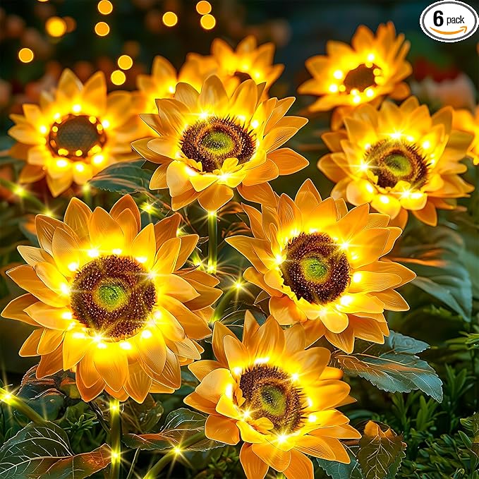 Sunflower Solar Lights Garden Decor: 6-Pack Artificial LED Solar Flower Lights Outdoor Decorations- Waterproof Patio Lamps for Outside Yard Pathway Walkway Porch - Spring Gardening Gifts for Women Mom