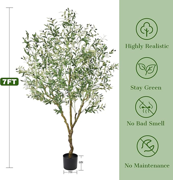Artificial Olive Tree 7FT with 1476 Leaves Realistic Tall Large Faux Silk Deluxe Plant 84 Inch Black Pot for Indoor Home Office Porch Mall School Hotel Modern Decor Housewarming Gift
