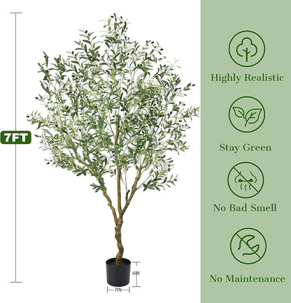 Artificial Olive Tree 7FT with 1476 Leaves Realistic Tall Large Faux Silk Deluxe Plant 84 Inch Black Pot for Indoor Home Office Porch Mall School Hotel Modern Decor Housewarming Gift