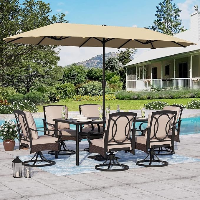 Sophia & William Outdoor Patio Table and Chairs for 6 with 13ft Beige Umbrella Outdoor Dining Set with 6 Padded Large Patio Swivel Rocking Chairs, 64" X 39" Rectangular Metal Table,1 Umbrella