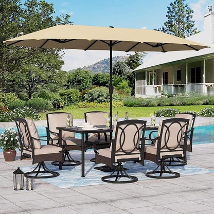Sophia & William Outdoor Patio Table and Chairs for 6 with 13ft Beige Umbrella Outdoor Dining Set with 6 Padded Large Patio Swivel Rocking Chairs, 64" X 39" Rectangular Metal Table,1 Umbrella