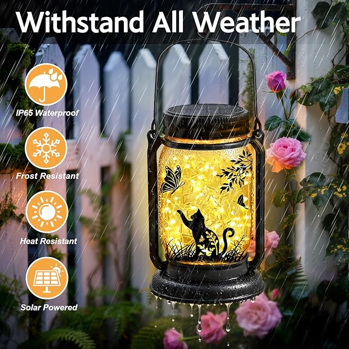 Cat Solar Lanterns, Outdoor Hanging Solar Lantern with Stake, Birthday Gifts for Mom, Grandma, Women Cat Lovers, Black Cat Butterfly Mason Jar Waterproof Lights for Yard Lawn Garden Decor