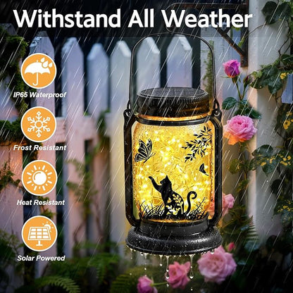 2 Pack Cat Solar Lanterns, Outdoor Hanging Solar Lantern with Stake, Birthday Gifts for Mom, Grandma,Women,Black Cat Butterfly Vintage Glass Mason Jar Waterproof Lights for Yard Garden Decor