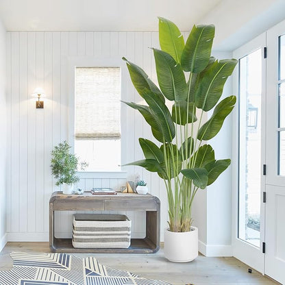 Artificial Bird of Paradise Plant 7.5Ft Tall Fake Tropical Palm Tree Large Fake Plants with 18 Silk Banana Leaves Faux Plant Indoor Decor Trees White Pot for Home Bedroom Living Room Office 2pcs